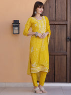 Pakistani Sequined Embroidered Kurta With Pant & Dupatta, Yellow - Hiral Fashion - Distacart