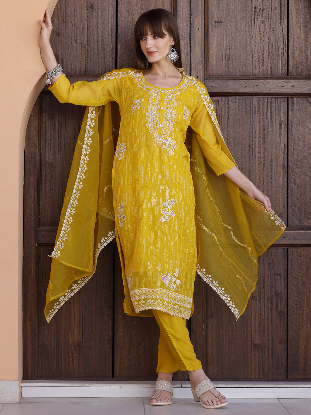 Pakistani Sequined Embroidered Kurta With Pant & Dupatta, Yellow - Hiral Fashion - Distacart