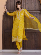 Pakistani Sequined Embroidered Kurta With Pant & Dupatta, Yellow - Hiral Fashion - Distacart