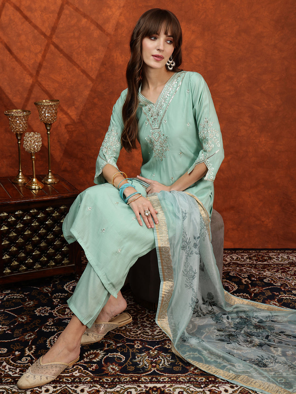 Sequined Embroidered Kurta With Pant & Floral Printed Dupatta, Green - Hiral Fashion - Distacart
