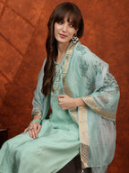 Sequined Embroidered Kurta With Pant & Floral Printed Dupatta, Green - Hiral Fashion - Distacart