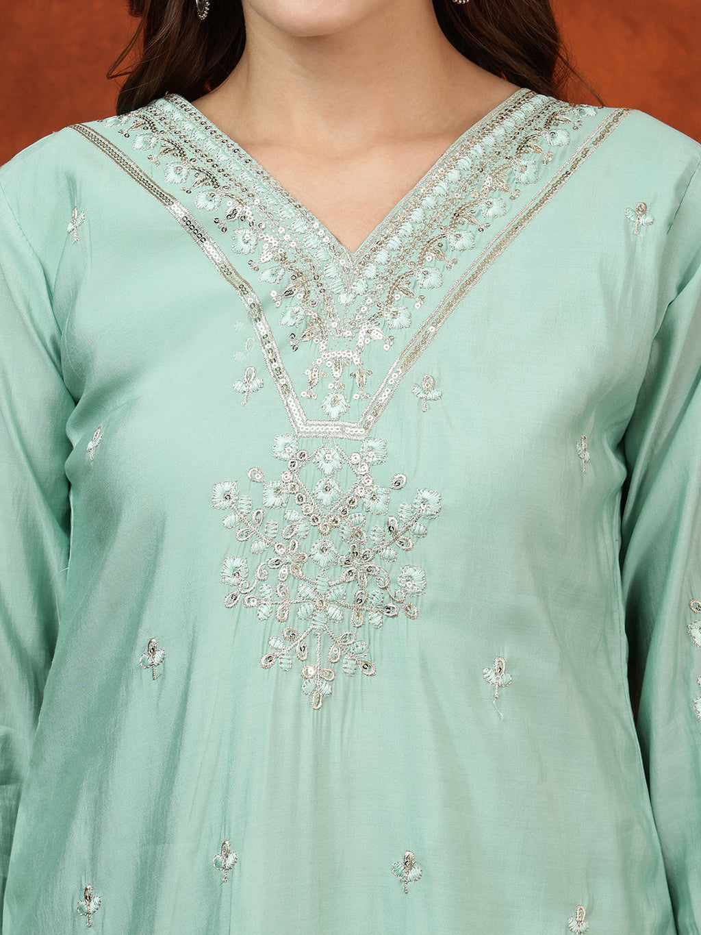 Sequined Embroidered Kurta With Pant & Floral Printed Dupatta, Green - Hiral Fashion - Distacart