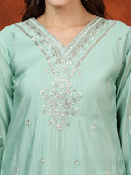 Sequined Embroidered Kurta With Pant & Floral Printed Dupatta, Green - Hiral Fashion - Distacart
