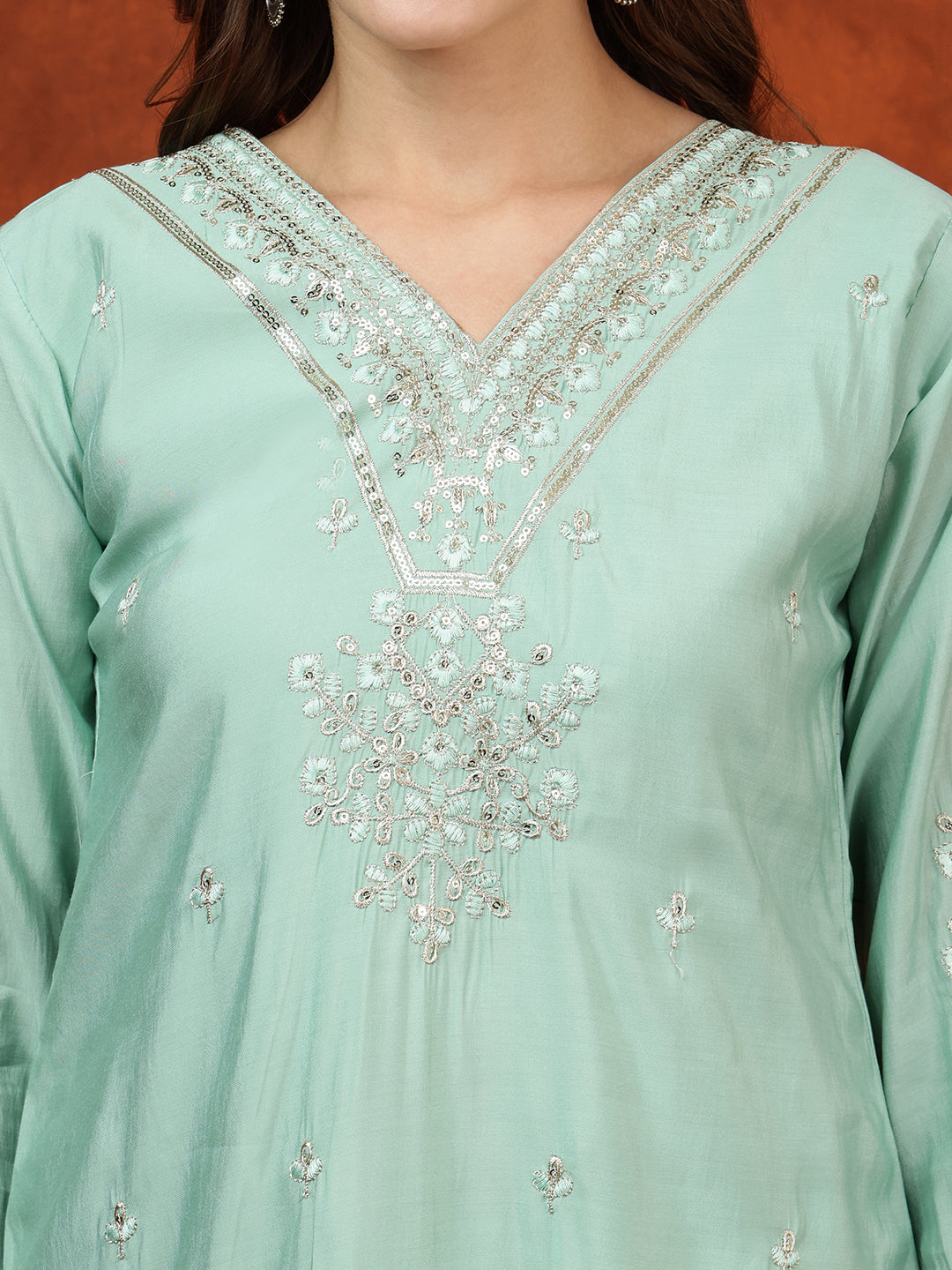 Sequined Embroidered Kurta With Pant & Floral Printed Dupatta, Green - Hiral Fashion - Distacart