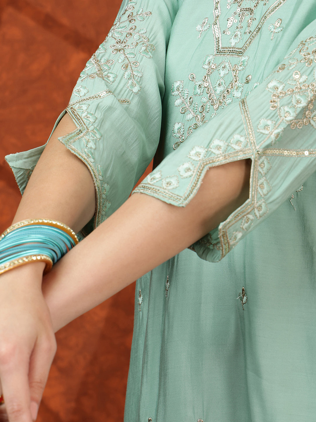 Sequined Embroidered Kurta With Pant & Floral Printed Dupatta, Green - Hiral Fashion - Distacart