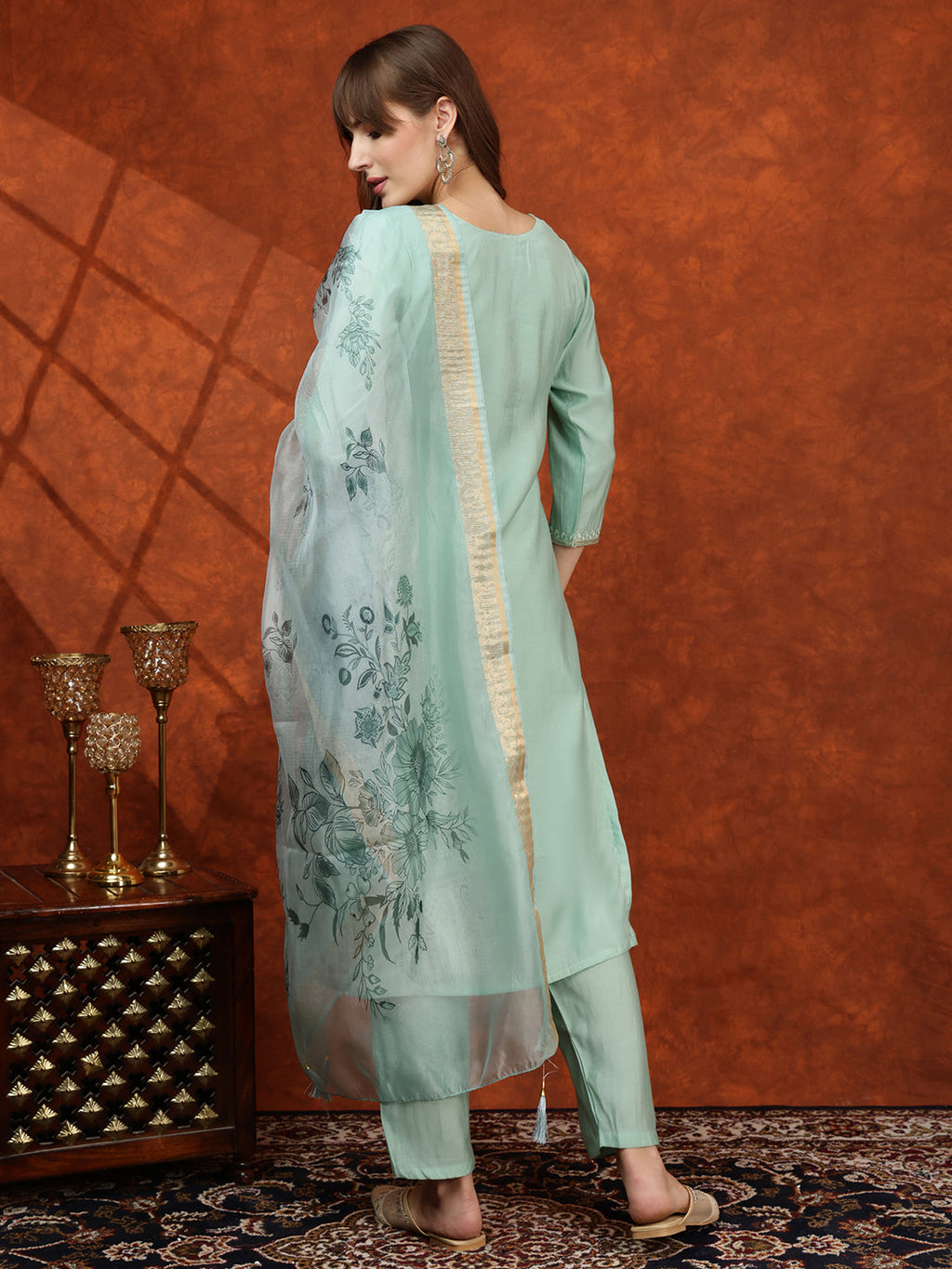 Sequined Embroidered Kurta With Pant & Floral Printed Dupatta, Green - Hiral Fashion - Distacart