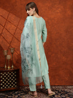 Sequined Embroidered Kurta With Pant & Floral Printed Dupatta, Green - Hiral Fashion - Distacart