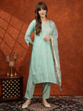 Sequined Embroidered Kurta With Pant & Floral Printed Dupatta, Green - Hiral Fashion - Distacart