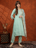 Sequined Embroidered Kurta With Pant & Floral Printed Dupatta, Green - Hiral Fashion - Distacart