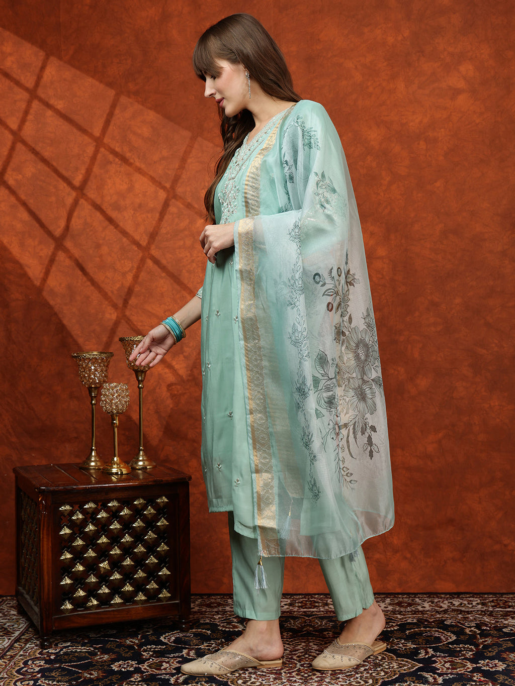 Sequined Embroidered Kurta With Pant & Floral Printed Dupatta, Green - Hiral Fashion - Distacart