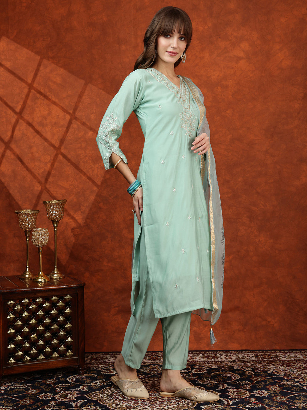 Sequined Embroidered Kurta With Pant & Floral Printed Dupatta, Green - Hiral Fashion - Distacart