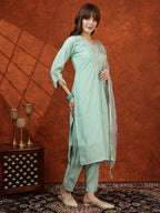 Sequined Embroidered Kurta With Pant & Floral Printed Dupatta, Green - Hiral Fashion - Distacart