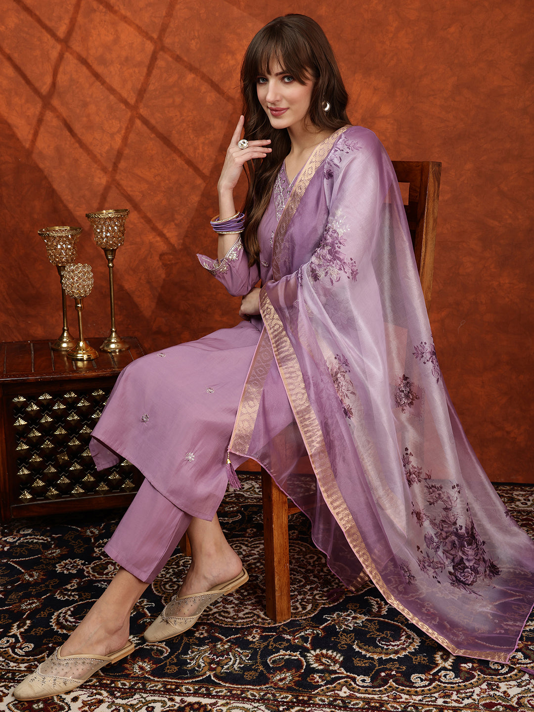 Sequined Embroidered Kurta With Pant & Floral Printed Dupatta, Lavender - Hiral Fashion