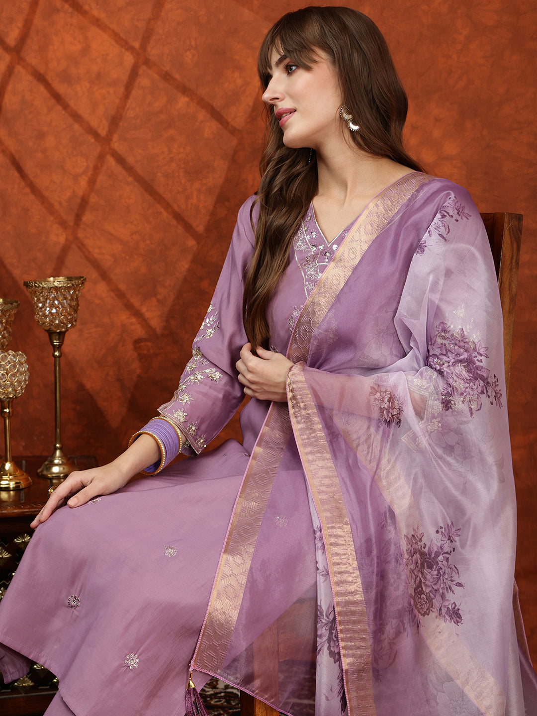 Sequined Embroidered Kurta With Pant & Floral Printed Dupatta, Lavender - Hiral Fashion
