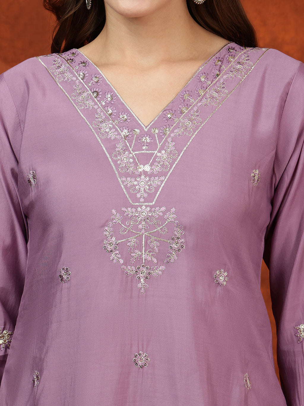 Sequined Embroidered Kurta With Pant & Floral Printed Dupatta, Lavender - Hiral Fashion