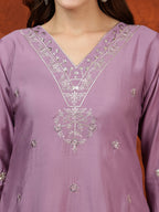 Sequined Embroidered Kurta With Pant & Floral Printed Dupatta, Lavender - Hiral Fashion