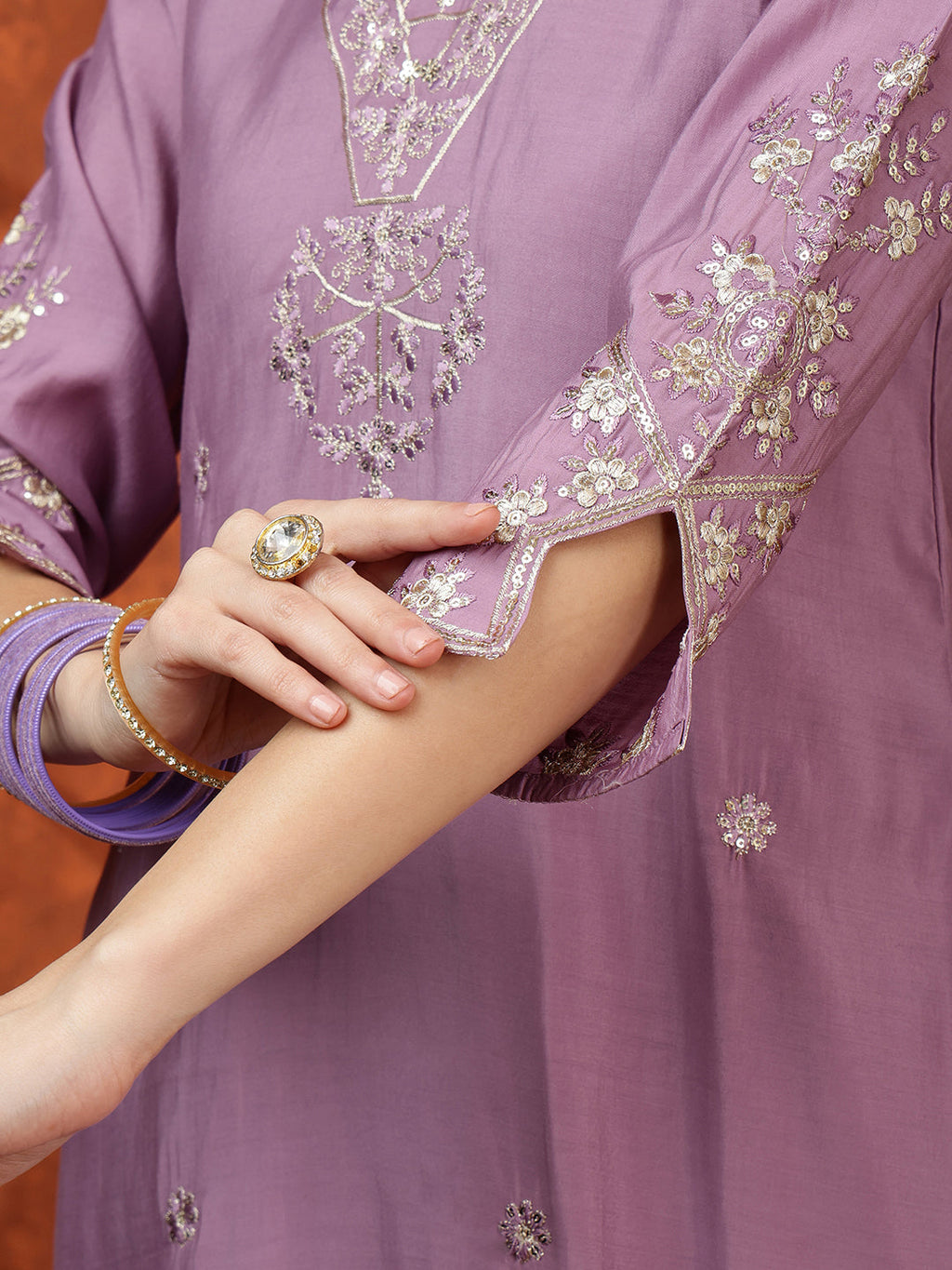 Sequined Embroidered Kurta With Pant & Floral Printed Dupatta, Lavender - Hiral Fashion