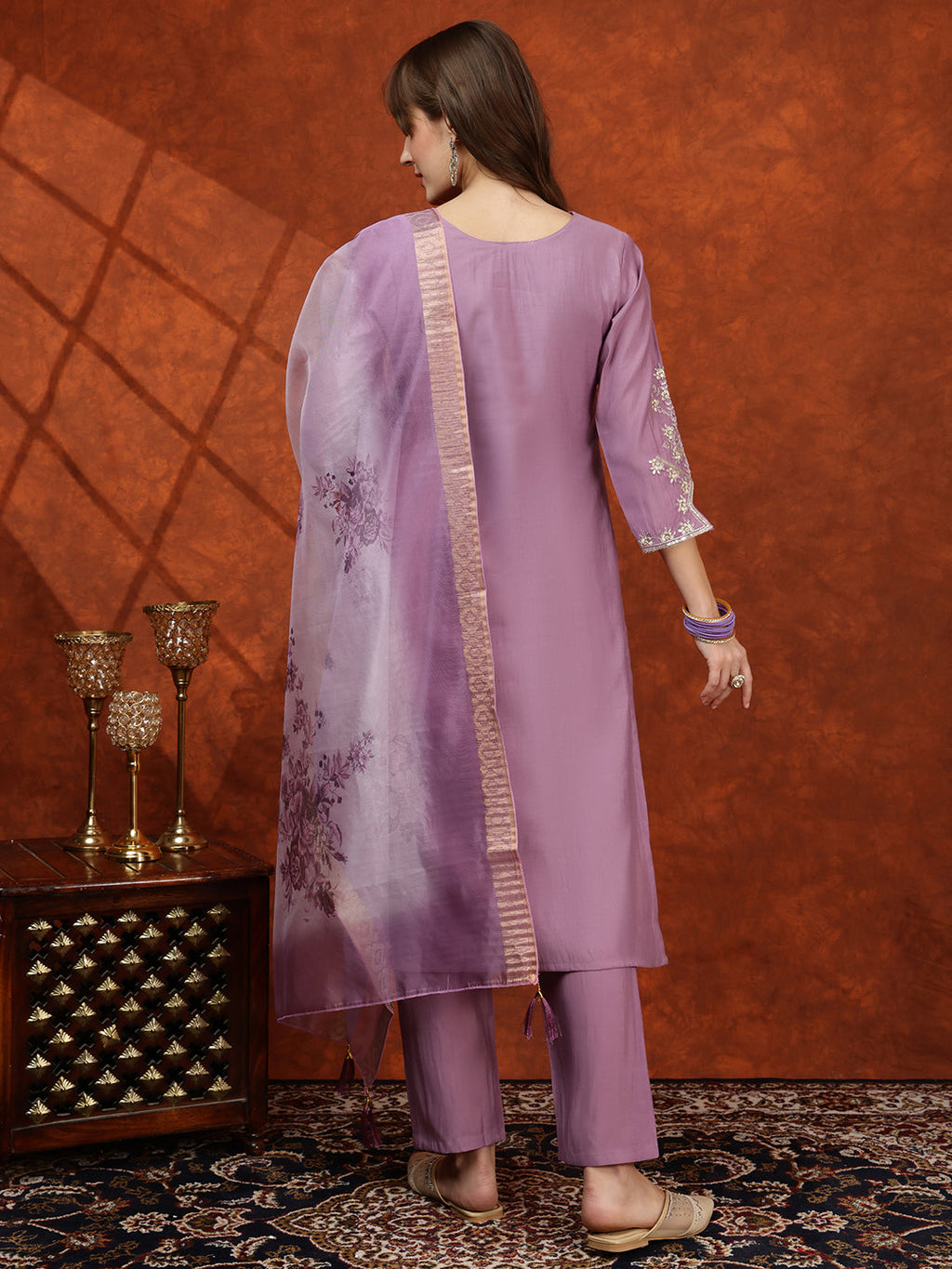 Sequined Embroidered Kurta With Pant & Floral Printed Dupatta, Lavender - Hiral Fashion