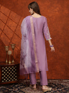 Sequined Embroidered Kurta With Pant & Floral Printed Dupatta, Lavender - Hiral Fashion