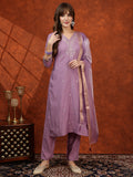 Sequined Embroidered Kurta With Pant & Floral Printed Dupatta, Lavender - Hiral Fashion