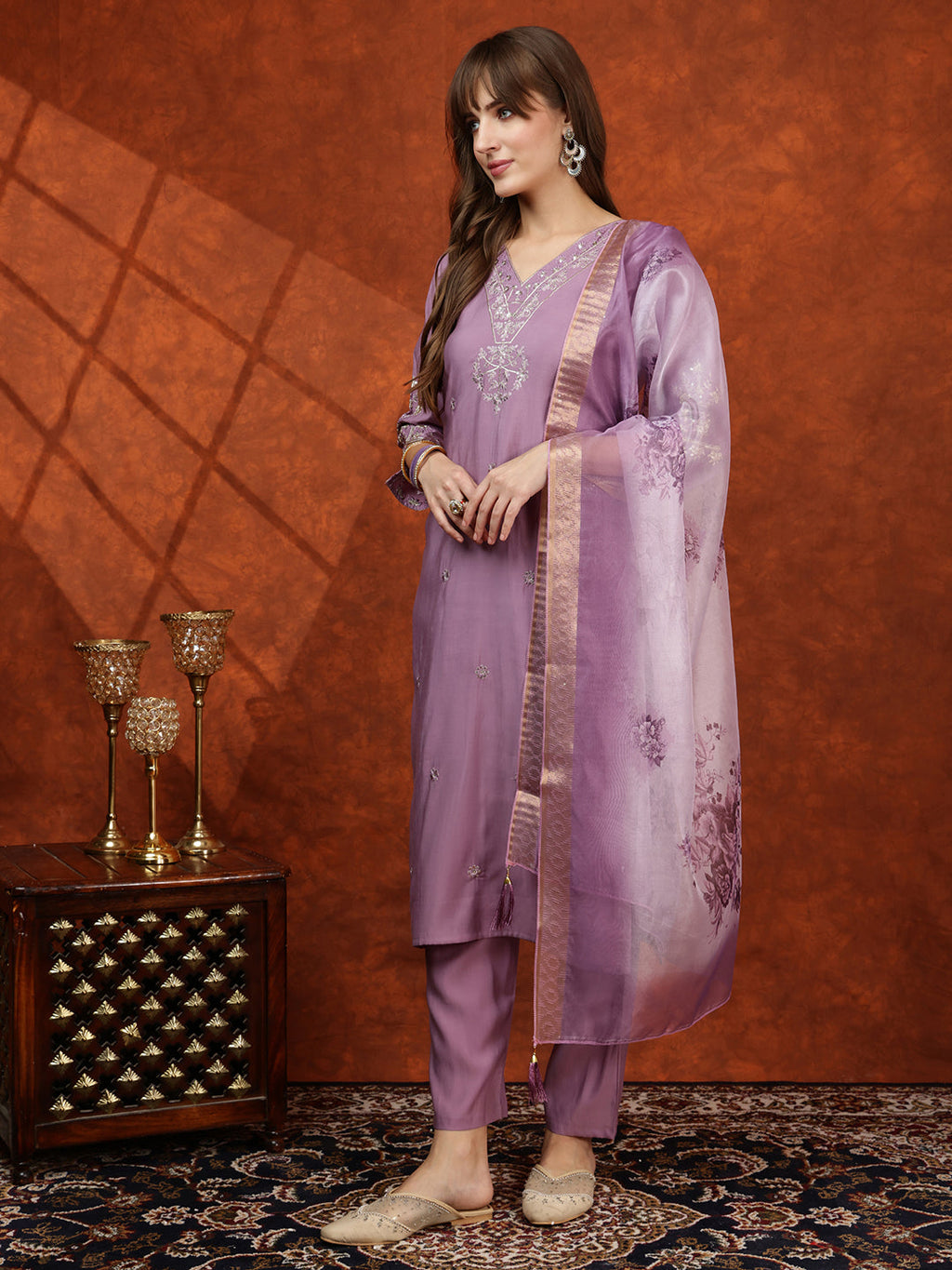 Sequined Embroidered Kurta With Pant & Floral Printed Dupatta, Lavender - Hiral Fashion