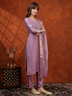 Sequined Embroidered Kurta With Pant & Floral Printed Dupatta, Lavender - Hiral Fashion