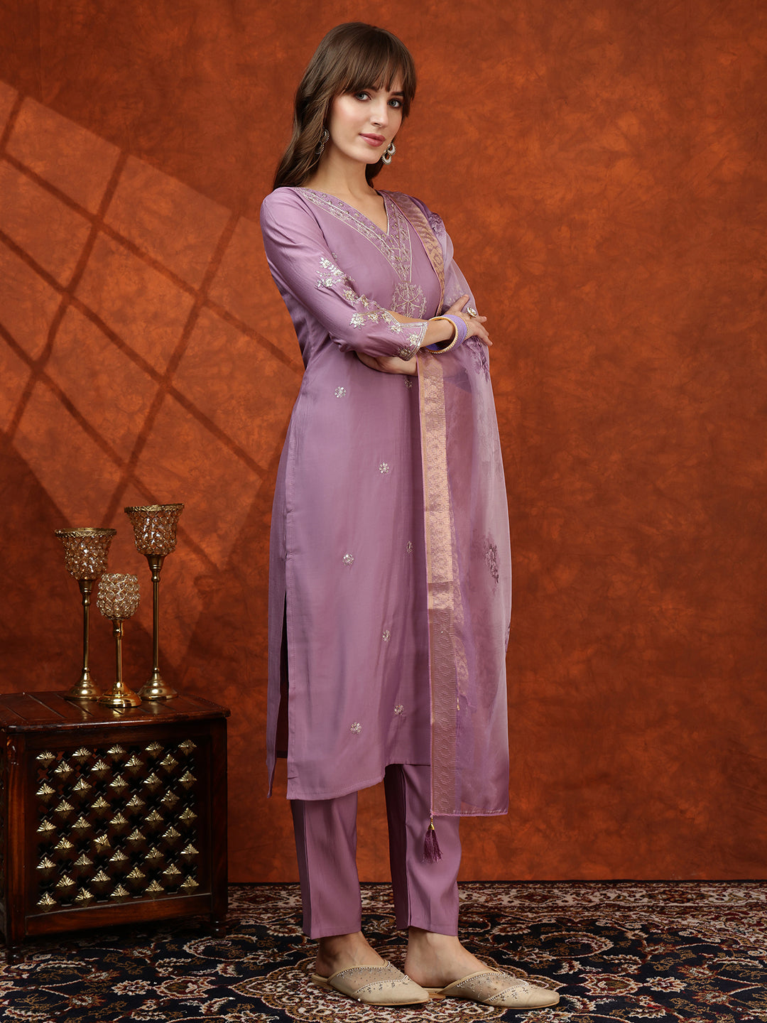 Sequined Embroidered Kurta With Pant & Floral Printed Dupatta, Lavender - Hiral Fashion