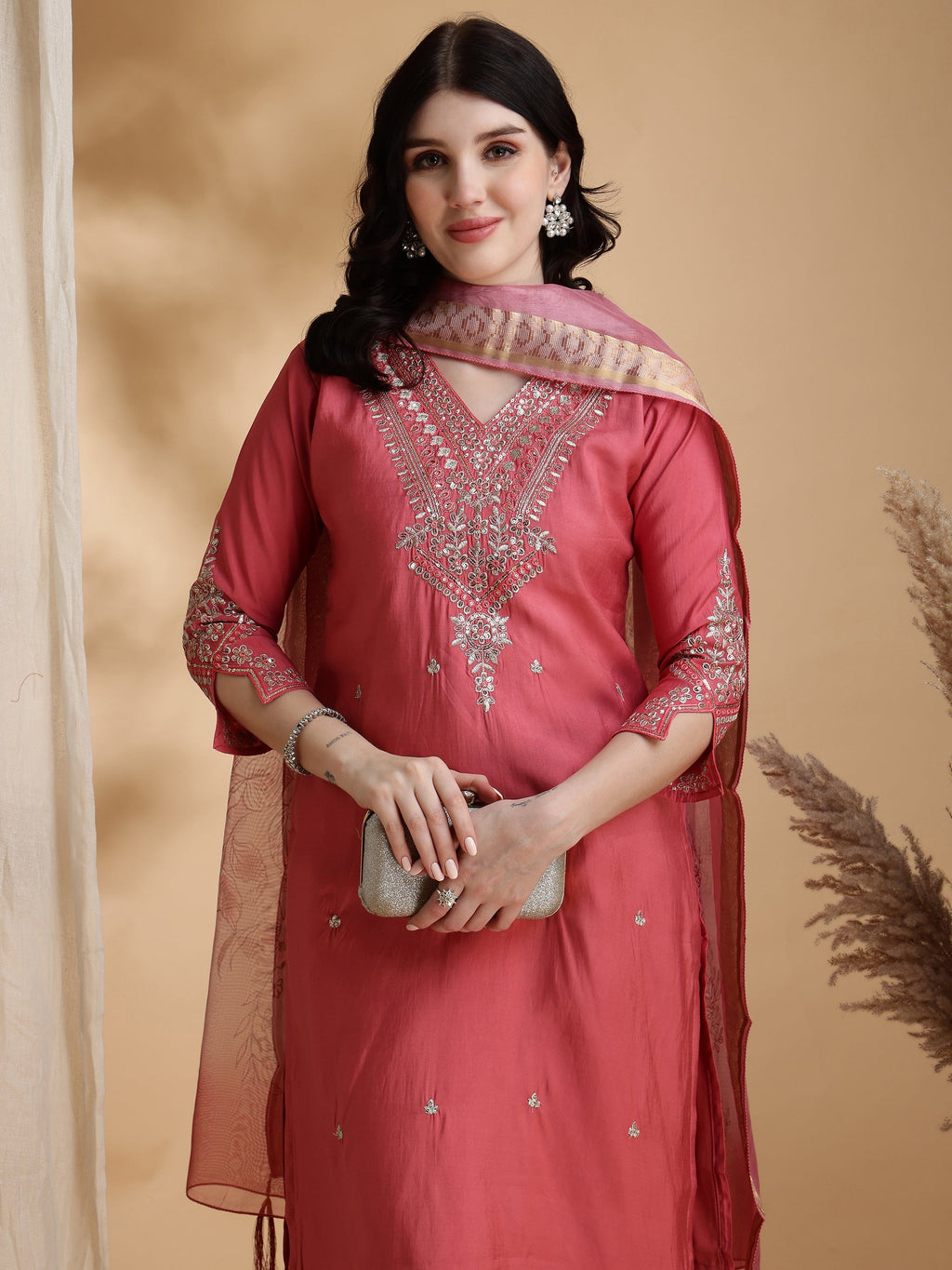 Sequined Embroidered Kurta With Pant & Floral Printed Dupatta, Pink - Hiral Fashion - Distacart