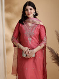 Sequined Embroidered Kurta With Pant & Floral Printed Dupatta, Pink - Hiral Fashion - Distacart
