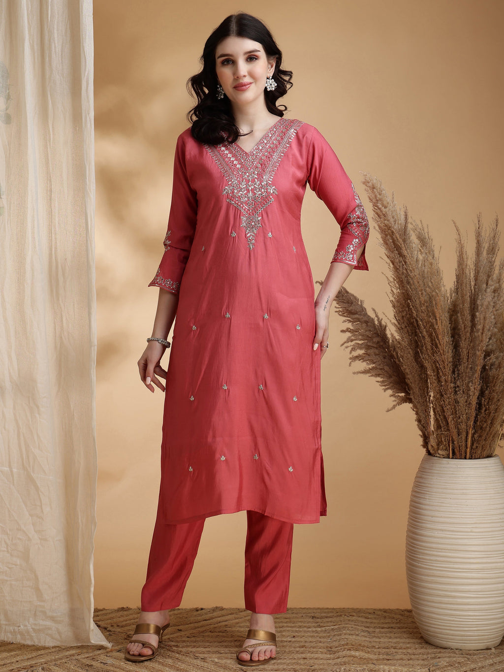 Sequined Embroidered Kurta With Pant & Floral Printed Dupatta, Pink - Hiral Fashion - Distacart