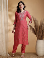 Sequined Embroidered Kurta With Pant & Floral Printed Dupatta, Pink - Hiral Fashion - Distacart