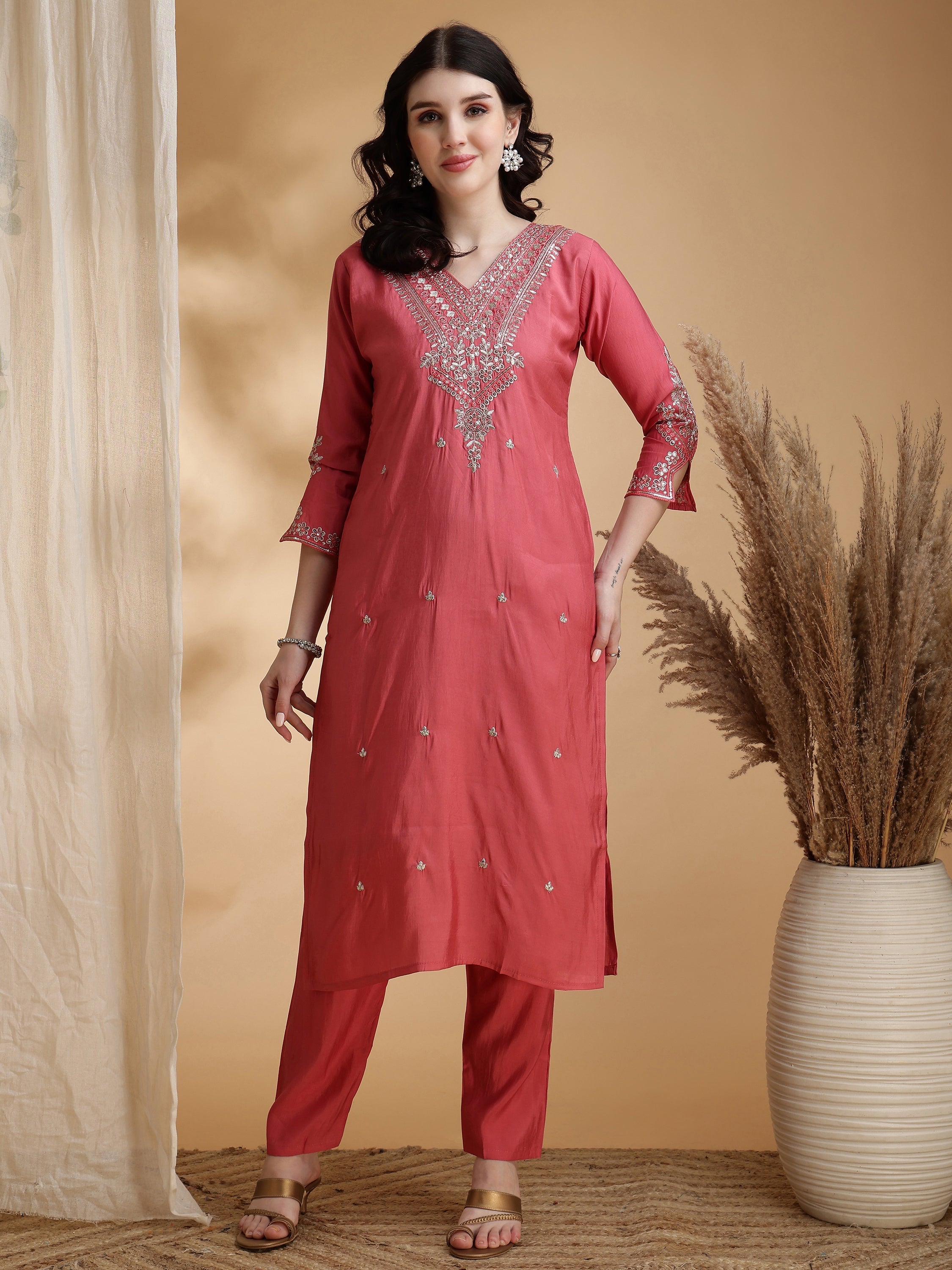 Sequined Embroidered Kurta With Pant & Floral Printed Dupatta, Pink - Hiral Fashion - Distacart