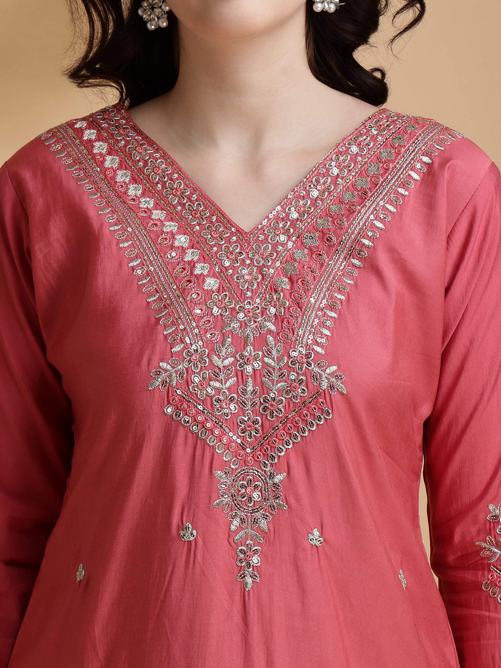 Sequined Embroidered Kurta With Pant & Floral Printed Dupatta, Pink - Hiral Fashion - Distacart