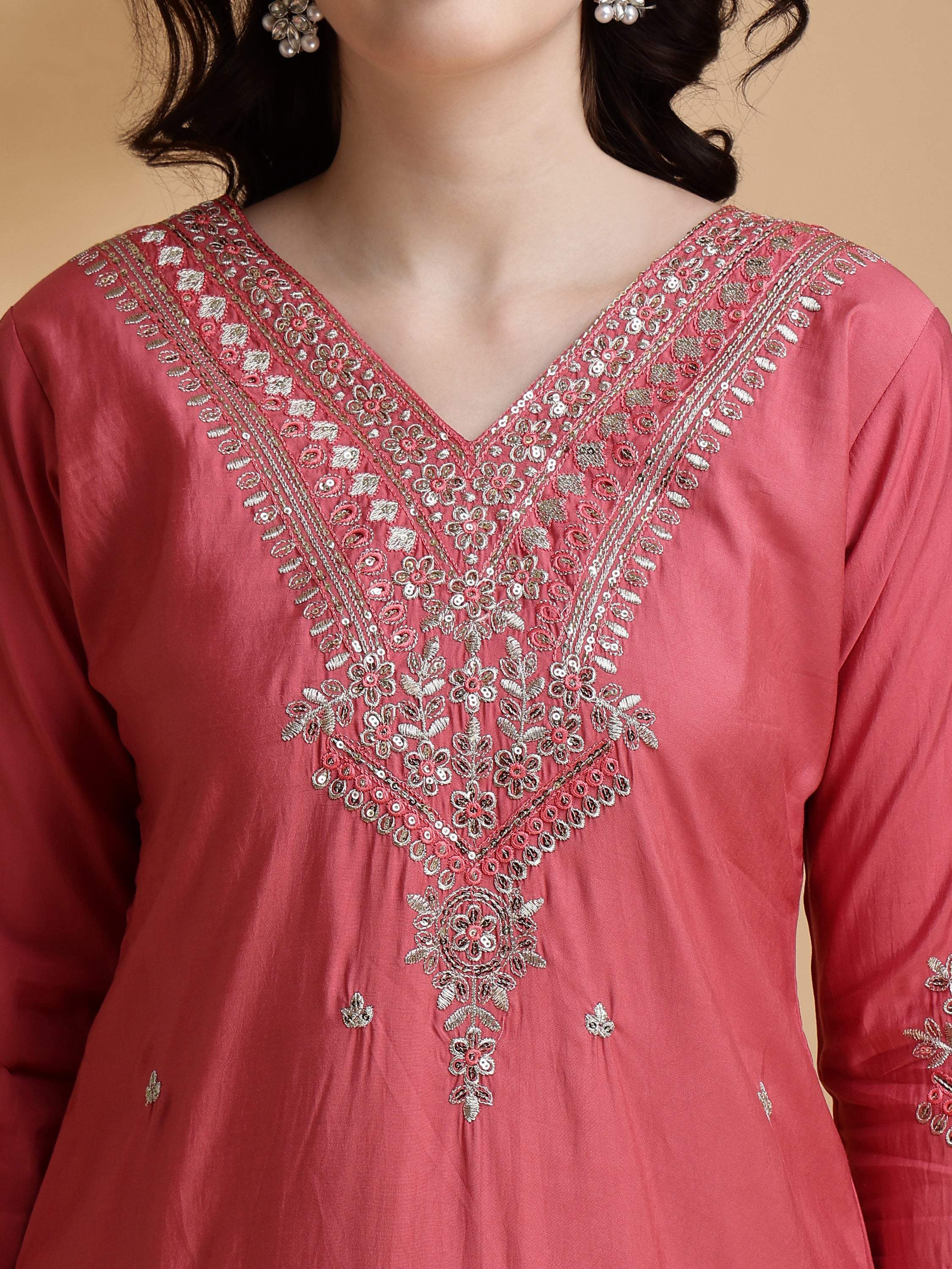 Sequined Embroidered Kurta With Pant & Floral Printed Dupatta, Pink - Hiral Fashion - Distacart