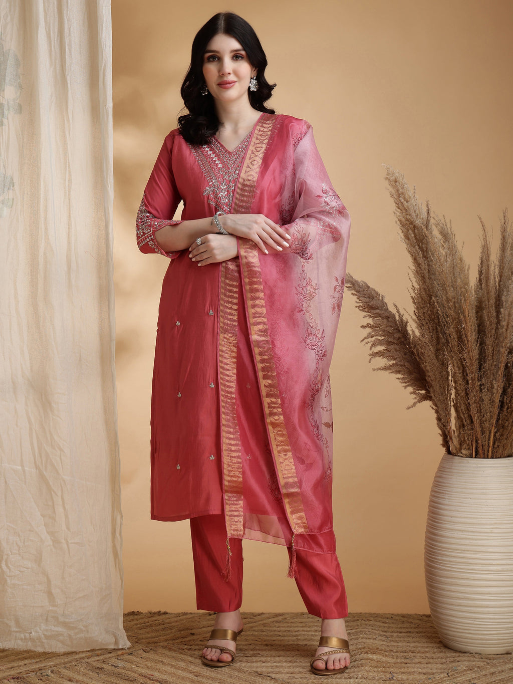 Sequined Embroidered Kurta With Pant & Floral Printed Dupatta, Pink - Hiral Fashion - Distacart