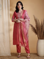 Sequined Embroidered Kurta With Pant & Floral Printed Dupatta, Pink - Hiral Fashion - Distacart