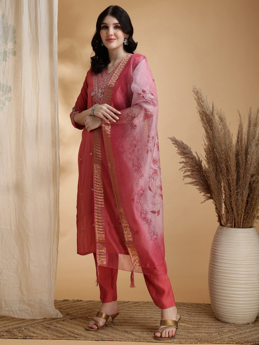 Sequined Embroidered Kurta With Pant & Floral Printed Dupatta, Pink - Hiral Fashion - Distacart