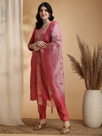 Sequined Embroidered Kurta With Pant & Floral Printed Dupatta, Pink - Hiral Fashion - Distacart