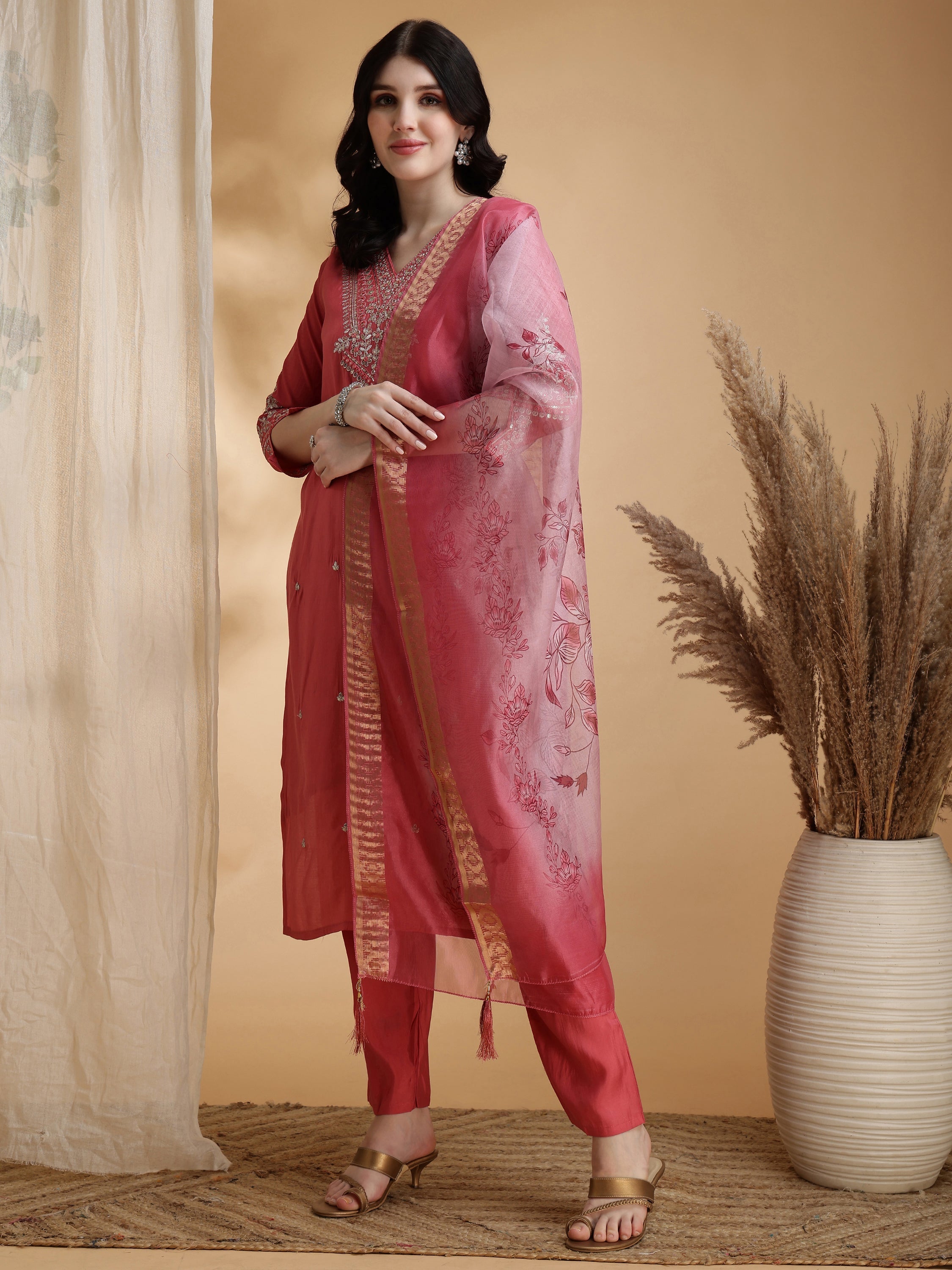 Sequined Embroidered Kurta With Pant & Floral Printed Dupatta, Pink - Hiral Fashion - Distacart