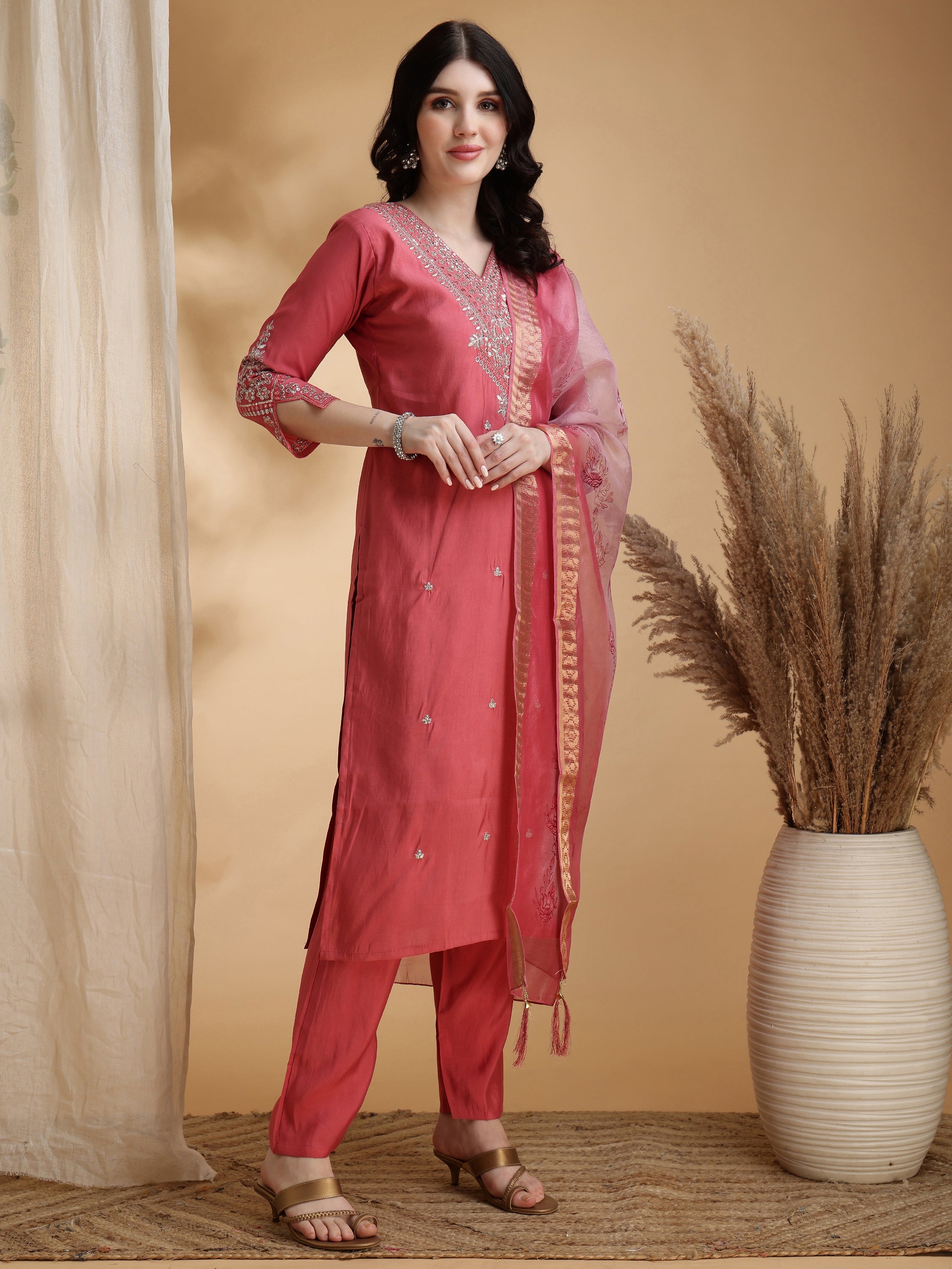 Sequined Embroidered Kurta With Pant & Floral Printed Dupatta, Pink - Hiral Fashion - Distacart