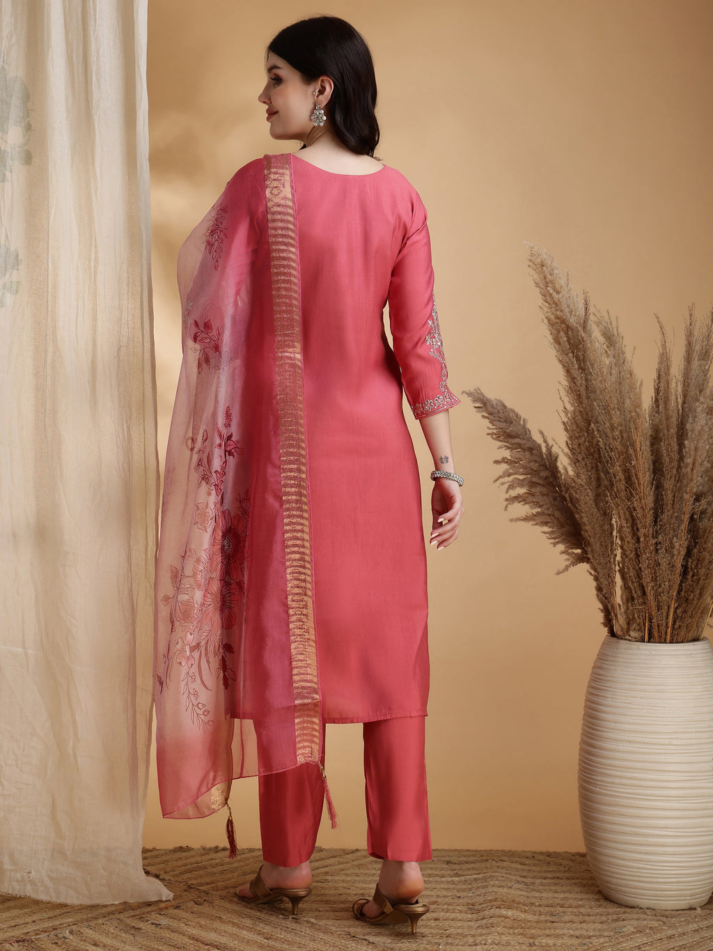 Sequined Embroidered Kurta With Pant & Floral Printed Dupatta, Pink - Hiral Fashion - Distacart