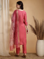 Sequined Embroidered Kurta With Pant & Floral Printed Dupatta, Pink - Hiral Fashion - Distacart
