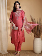 Sequined Embroidered Kurta With Pant & Floral Printed Dupatta, Pink - Hiral Fashion - Distacart
