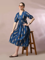 Myshka Women's Blue Printed Cotton V-Neck Empire Party Dress - Distacart