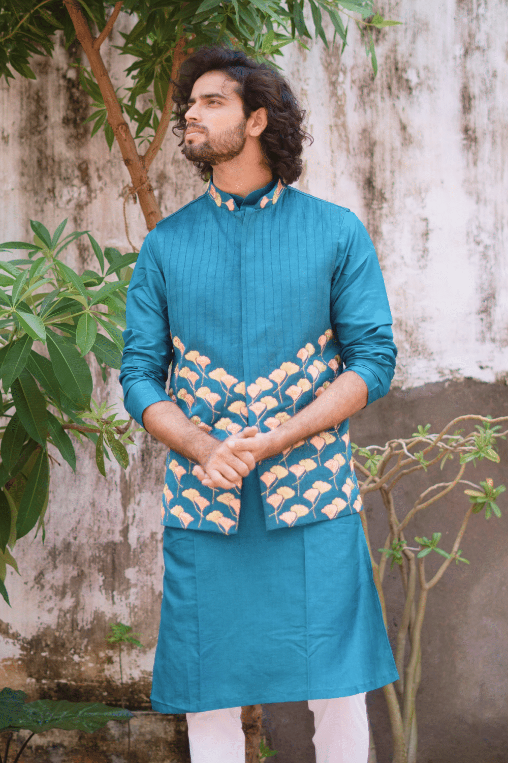 Peacock Blue Designer Men's Nehru Jacket by Hilo Design