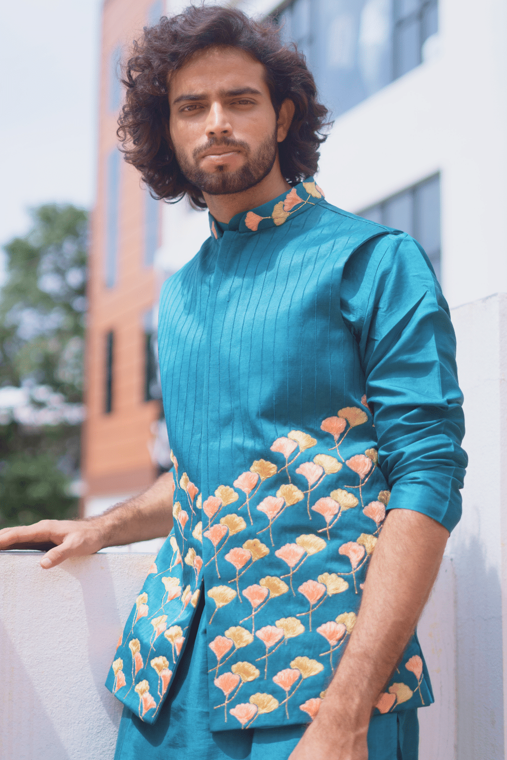 Peacock Blue Designer Men's Nehru Jacket by Hilo Design