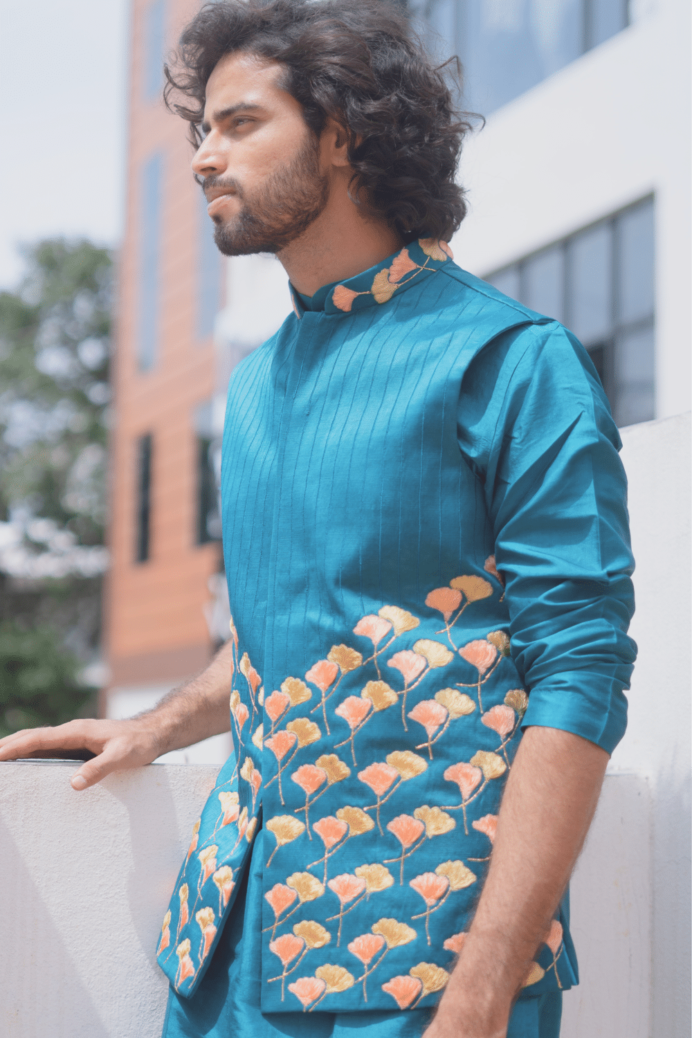Peacock Blue Designer Men's Nehru Jacket by Hilo Design