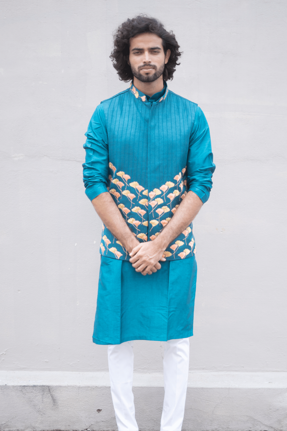 Peacock Blue Designer Men's Nehru Jacket by Hilo Design