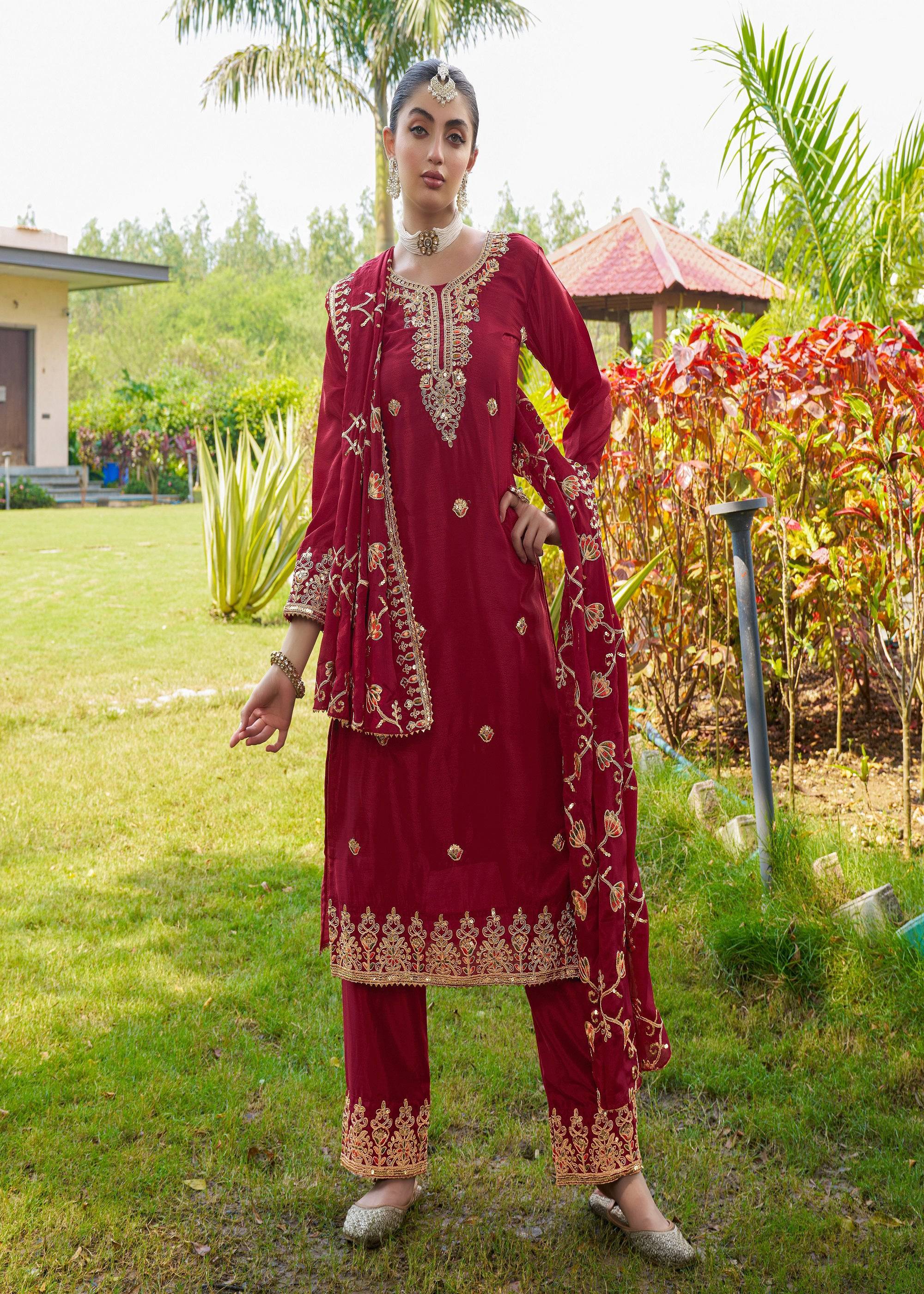 Teeya Creation Rani Color Chinon Silk Heavy Embroidery Work Fully Stitched Salwar Suit