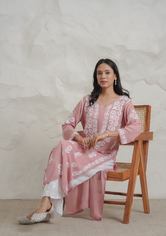 Gharana India Modal Onion Pink Coloured Chikankari Kurta - Distacart
